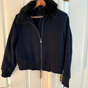 Banana Republic MP Navy  Melton Wool Faux Fur Collar Bomber Jacket Penny Lane